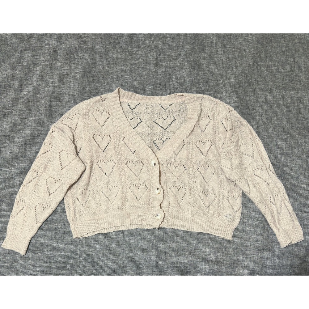 SHEIN CURVE Womens 1XL Cardigan Heart‎ Pointelle Knit V-Neck Cropped Beige
